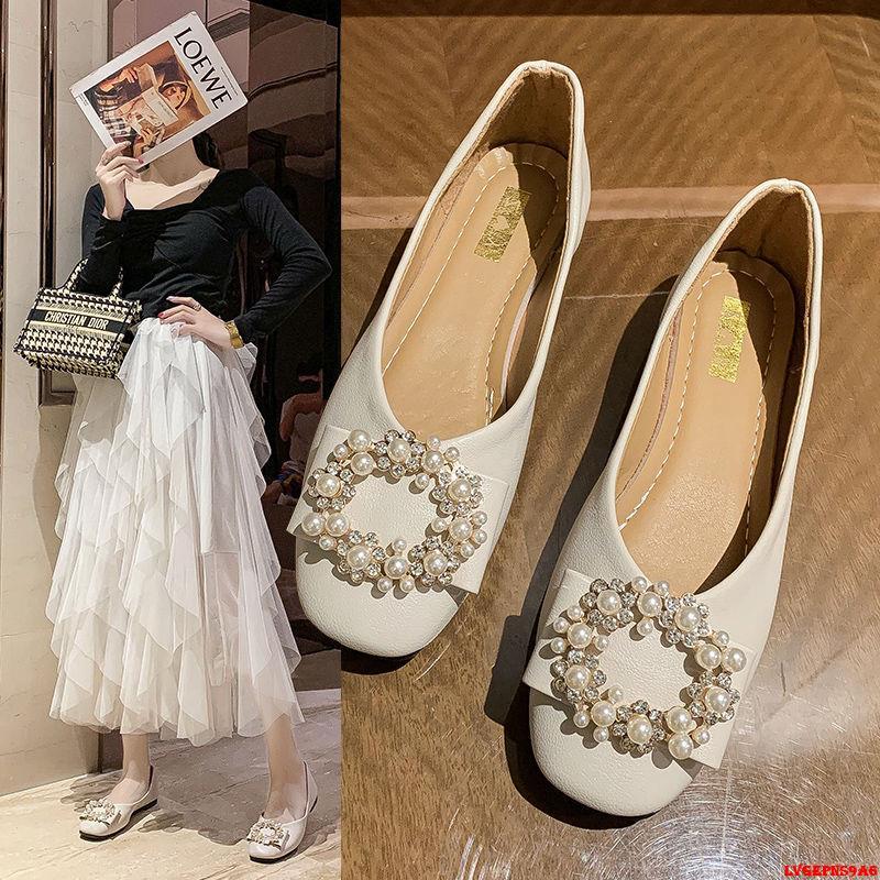 金蟬生活百貨館-單鞋女新款2022平底上班鞋淺口方頭時尚珍珠瓢鞋春季軟皮工作女鞋-細節圖2