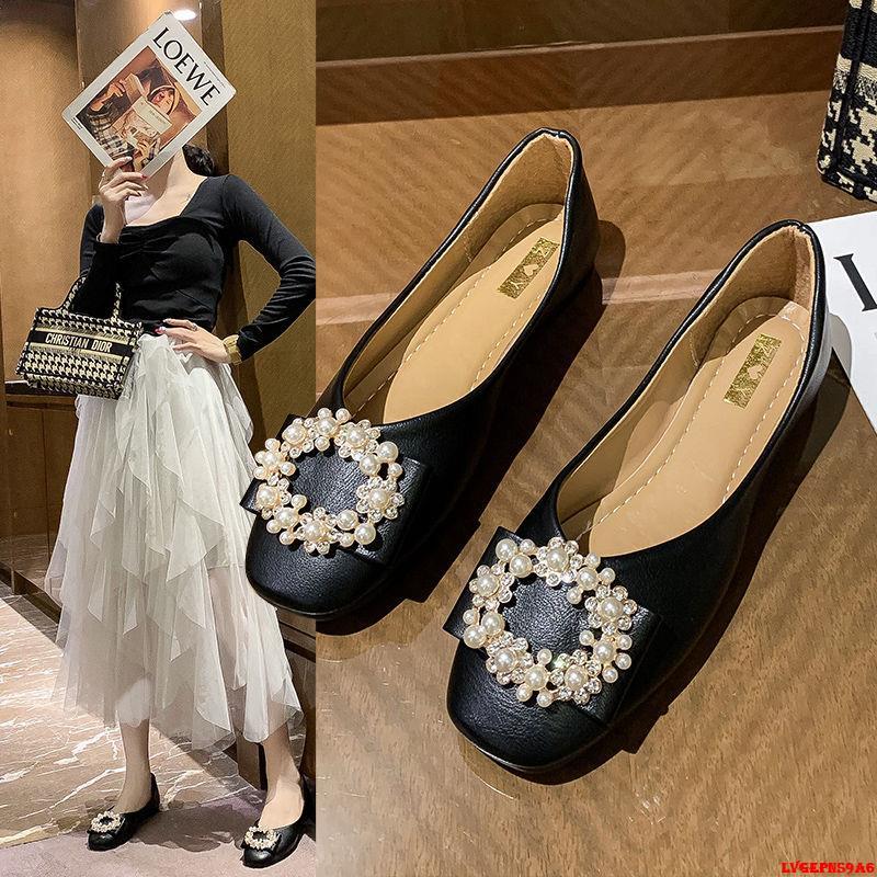 金蟬生活百貨館-單鞋女新款2022平底上班鞋淺口方頭時尚珍珠瓢鞋春季軟皮工作女鞋-細節圖3