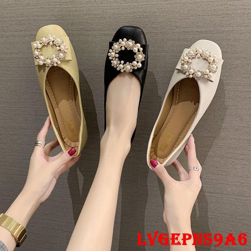 金蟬生活百貨館-單鞋女新款2022平底上班鞋淺口方頭時尚珍珠瓢鞋春季軟皮工作女鞋-細節圖4