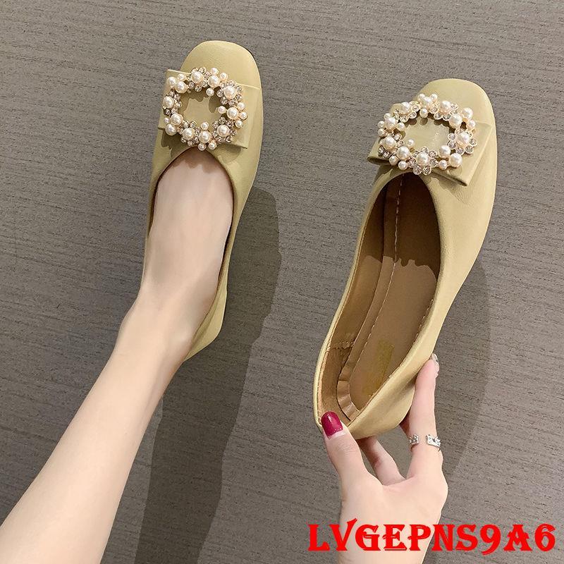 金蟬生活百貨館-單鞋女新款2022平底上班鞋淺口方頭時尚珍珠瓢鞋春季軟皮工作女鞋-細節圖5