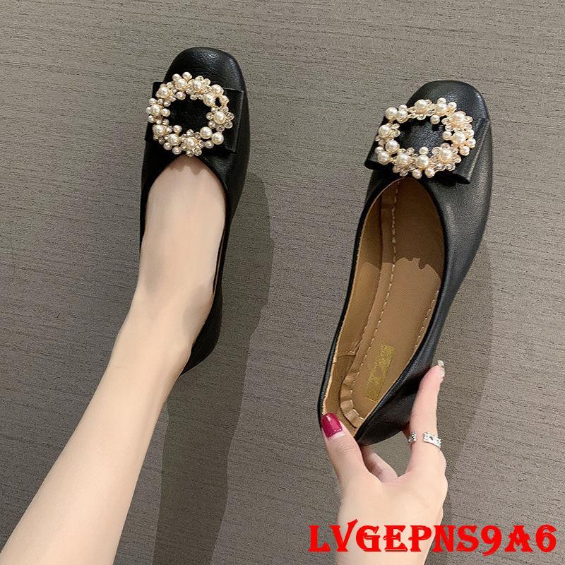 金蟬生活百貨館-單鞋女新款2022平底上班鞋淺口方頭時尚珍珠瓢鞋春季軟皮工作女鞋-細節圖9