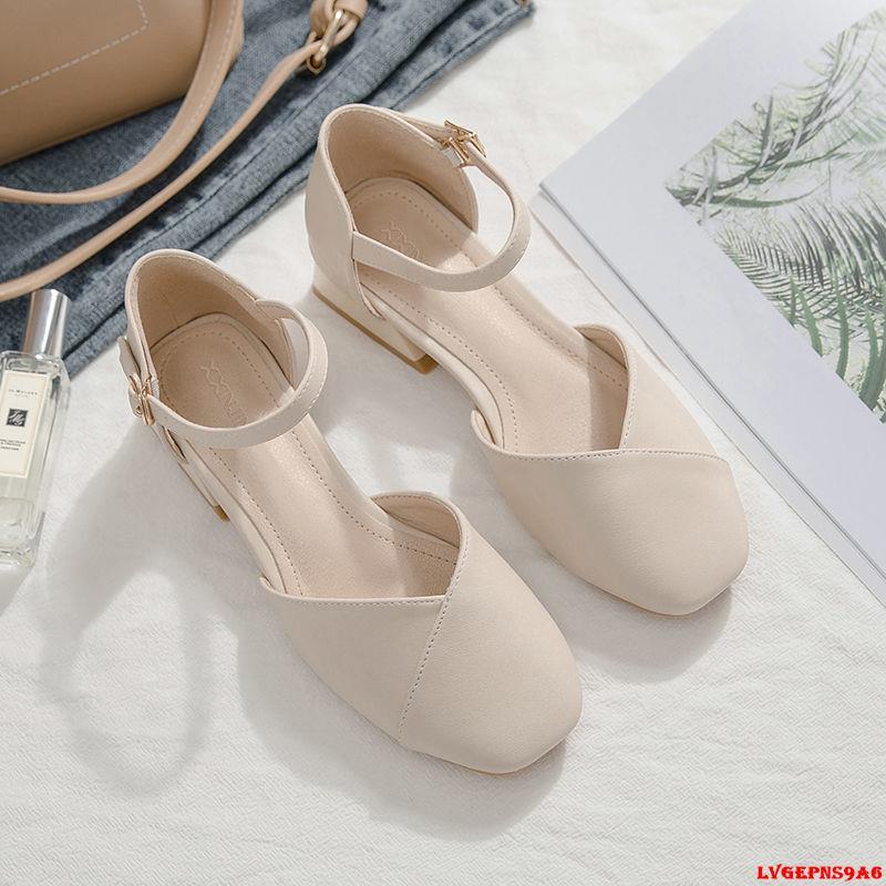 金蟬生活百貨館__涼鞋女夏2022新款爆款網紅仙女風方頭粗跟百搭學生包頭一字帶中跟-細節圖3