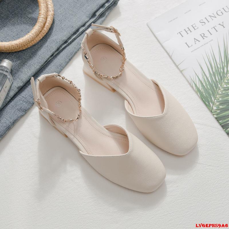 金蟬生活百貨館__涼鞋女夏2022新款爆款網紅仙女風方頭粗跟百搭學生包頭一字帶中跟-細節圖6