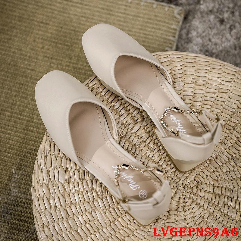 金蟬生活百貨館__涼鞋女夏2022新款爆款網紅仙女風方頭粗跟百搭學生包頭一字帶中跟-細節圖8