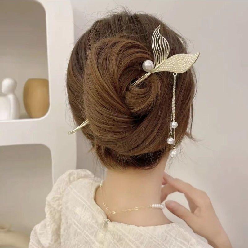 【台灣現貨24h寄出】日韓系美人魚流蘇髮簪 少女系幾何珍珠水鑽髮簪 盤髮 髮釵 氣質 日常弧形 簪子女 優雅髮飾古風飾品-細節圖2