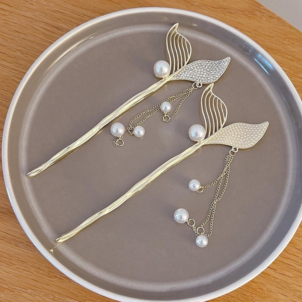 【台灣現貨24h寄出】日韓系美人魚流蘇髮簪 少女系幾何珍珠水鑽髮簪 盤髮 髮釵 氣質 日常弧形 簪子女 優雅髮飾古風飾品-細節圖5