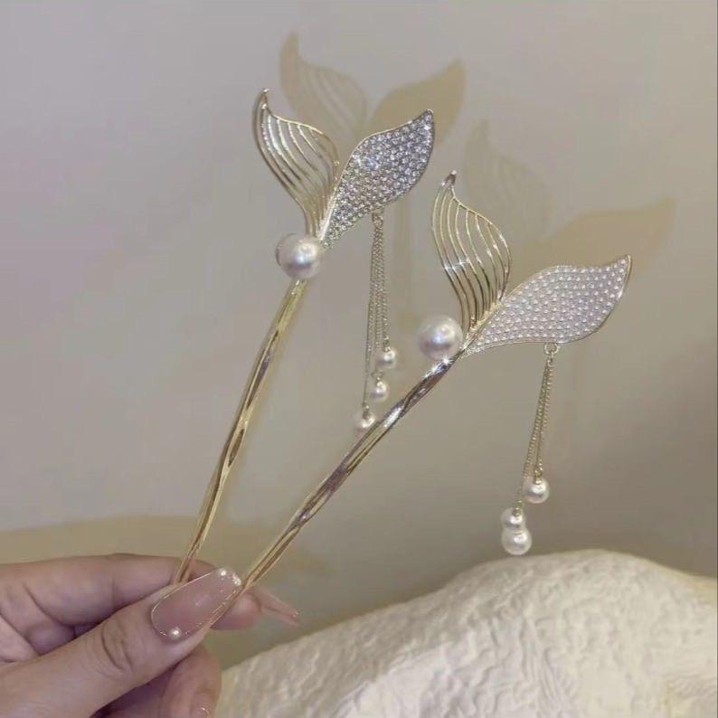 【台灣現貨24h寄出】日韓系美人魚流蘇髮簪 少女系幾何珍珠水鑽髮簪 盤髮 髮釵 氣質 日常弧形 簪子女 優雅髮飾古風飾品-細節圖6