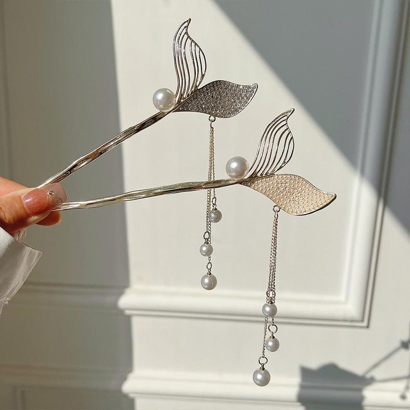 【台灣現貨24h寄出】日韓系美人魚流蘇髮簪 少女系幾何珍珠水鑽髮簪 盤髮 髮釵 氣質 日常弧形 簪子女 優雅髮飾古風飾品-細節圖7