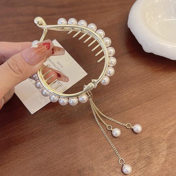 【台灣現貨24h寄出】韓系ins氣質高馬尾髮夾 珍珠流蘇抓夾 甜美髮夾 包子頭 優雅 髮尾夾 小清新劉海夾 髮飾 網紅-細節圖8