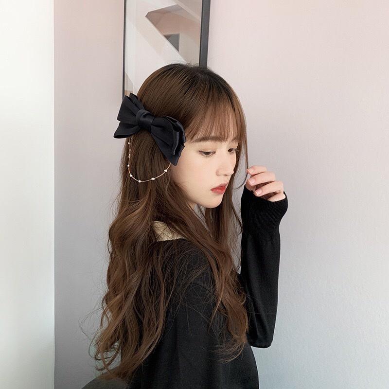 【台灣現貨24h寄出】韓系ins黑色蝴蝶結髮夾 半扎髮流蘇髮夾 飄帶側邊后腦勺高級馬尾夾 邊夾 髮飾 蝴蝶結流蘇髮夾-細節圖3