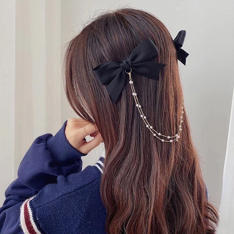 【台灣現貨24h寄出】韓系ins黑色蝴蝶結髮夾 半扎髮流蘇髮夾 飄帶側邊后腦勺高級馬尾夾 邊夾 髮飾 蝴蝶結流蘇髮夾-細節圖4
