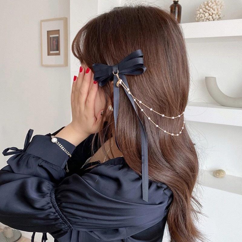 【台灣現貨24h寄出】韓系ins黑色蝴蝶結髮夾 半扎髮流蘇髮夾 飄帶側邊后腦勺高級馬尾夾 邊夾 髮飾 蝴蝶結流蘇髮夾-細節圖5