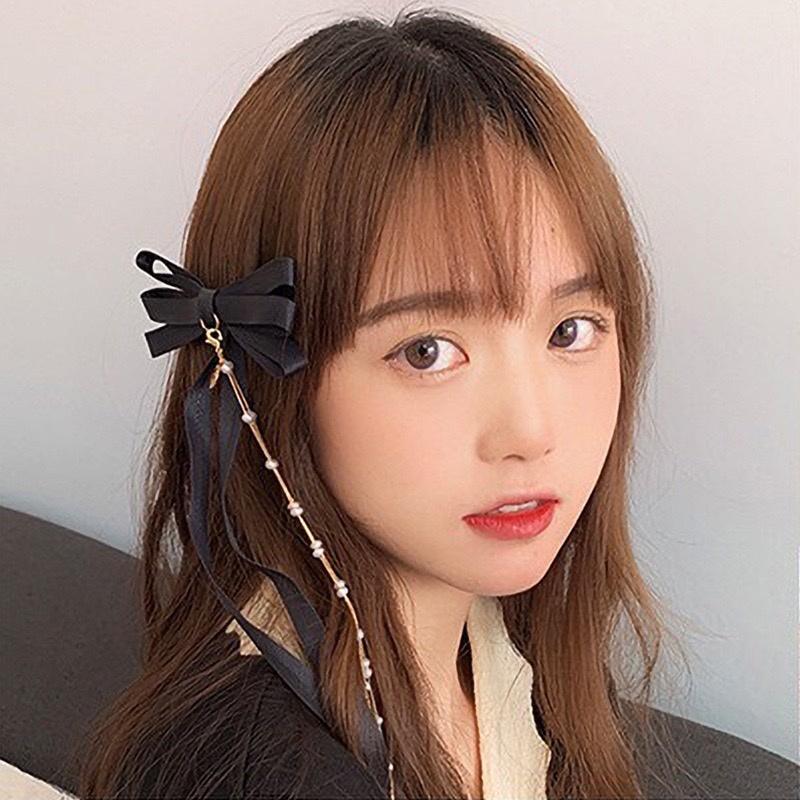 【台灣現貨24h寄出】韓系ins黑色蝴蝶結髮夾 半扎髮流蘇髮夾 飄帶側邊后腦勺高級馬尾夾 邊夾 髮飾 蝴蝶結流蘇髮夾-細節圖6
