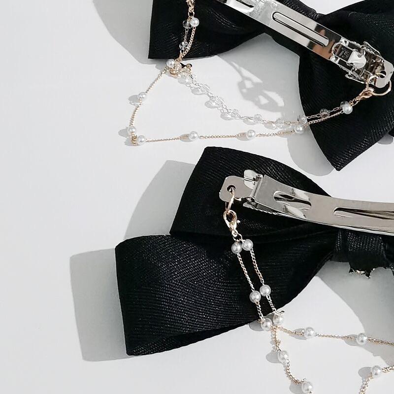 【台灣現貨24h寄出】韓系ins黑色蝴蝶結髮夾 半扎髮流蘇髮夾 飄帶側邊后腦勺高級馬尾夾 邊夾 髮飾 蝴蝶結流蘇髮夾-細節圖7