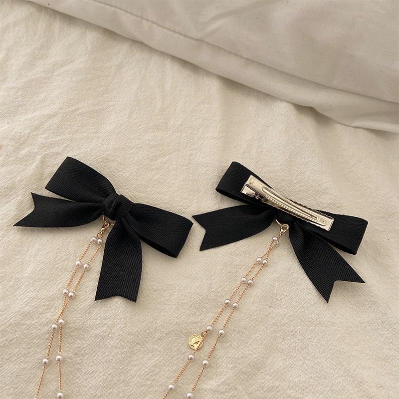 【台灣現貨24h寄出】韓系ins黑色蝴蝶結髮夾 半扎髮流蘇髮夾 飄帶側邊后腦勺高級馬尾夾 邊夾 髮飾 蝴蝶結流蘇髮夾-細節圖8