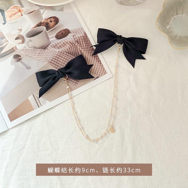 【台灣現貨24h寄出】韓系ins黑色蝴蝶結髮夾 半扎髮流蘇髮夾 飄帶側邊后腦勺高級馬尾夾 邊夾 髮飾 蝴蝶結流蘇髮夾-細節圖9