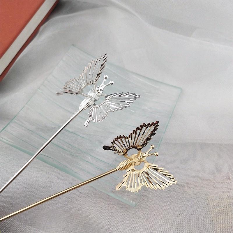 【台灣現貨24h寄出】會動的蝴蝶髮簪 少女系幾何珍珠髮簪 蝴蝶髮簪 盤髮 髮釵 氣質 動態蝴蝶 簪子女 優雅髮飾古風頭飾-細節圖3