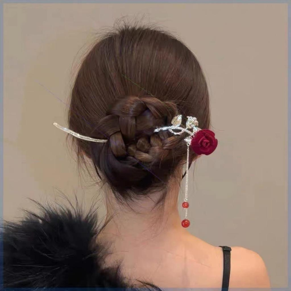 【台灣現貨24h寄出】日韓系玫瑰花髮簪 簡約現代冷淡風 盤髮 髮釵 氣質 日常弧形 簪子女 棒棒糖造型 優雅髮飾 古風-細節圖4