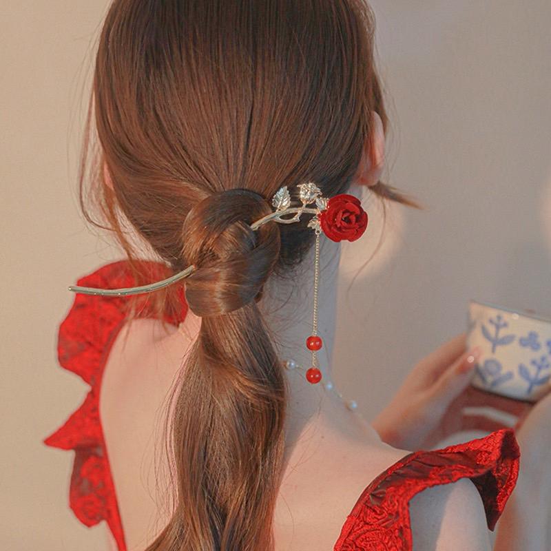 【台灣現貨24h寄出】日韓系玫瑰花髮簪 簡約現代冷淡風 盤髮 髮釵 氣質 日常弧形 簪子女 棒棒糖造型 優雅髮飾 古風-細節圖5