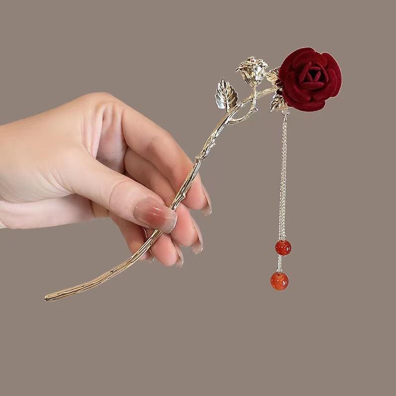 【台灣現貨24h寄出】日韓系玫瑰花髮簪 簡約現代冷淡風 盤髮 髮釵 氣質 日常弧形 簪子女 棒棒糖造型 優雅髮飾 古風-細節圖8