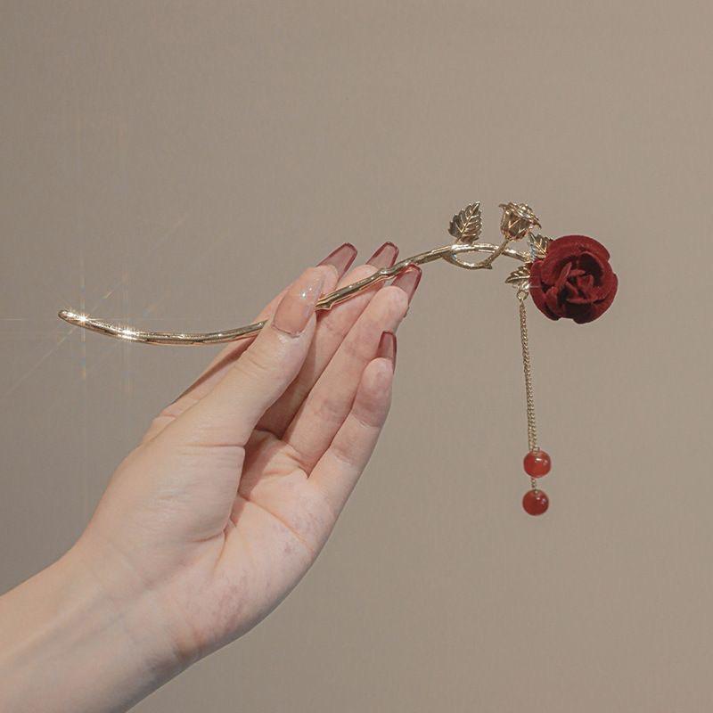 【台灣現貨24h寄出】日韓系玫瑰花髮簪 簡約現代冷淡風 盤髮 髮釵 氣質 日常弧形 簪子女 棒棒糖造型 優雅髮飾 古風-細節圖9