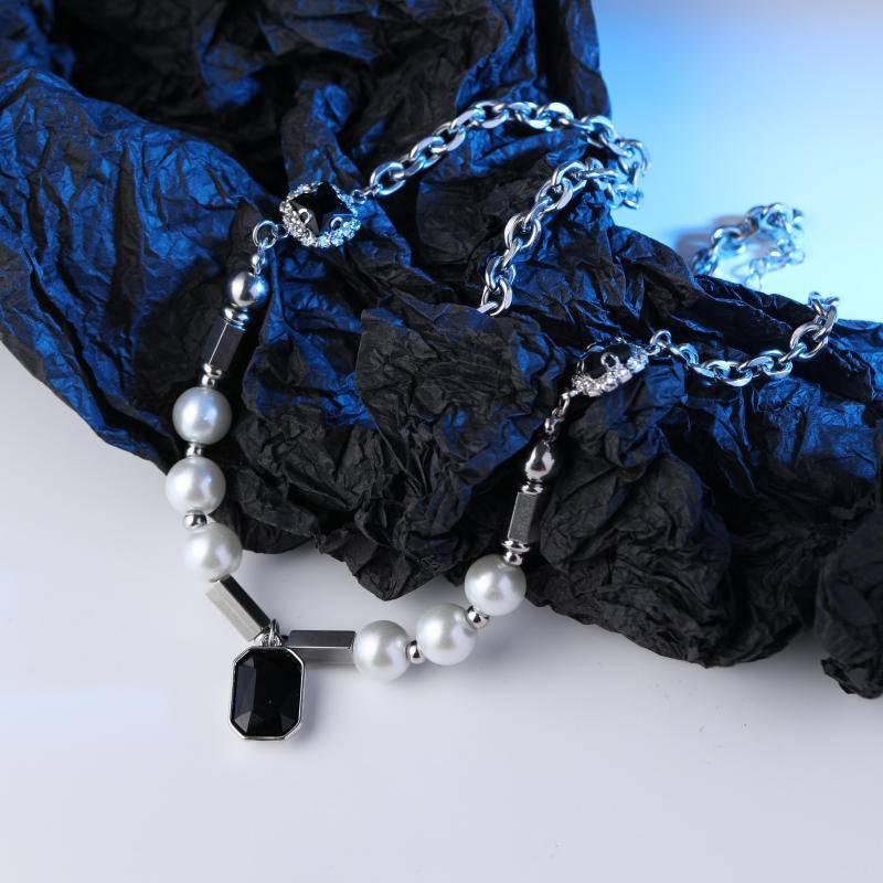 PARADISE 珍珠 黑寶石 拼接項鍊 輕奢 配飾 設計感 小眾-細節圖6