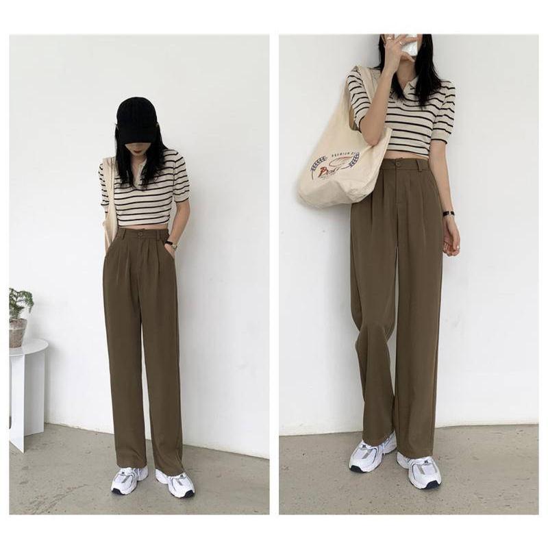 PARADISE 闊腿褲 直筒褲 抗皺 西裝面料 顯瘦 韓版-細節圖3