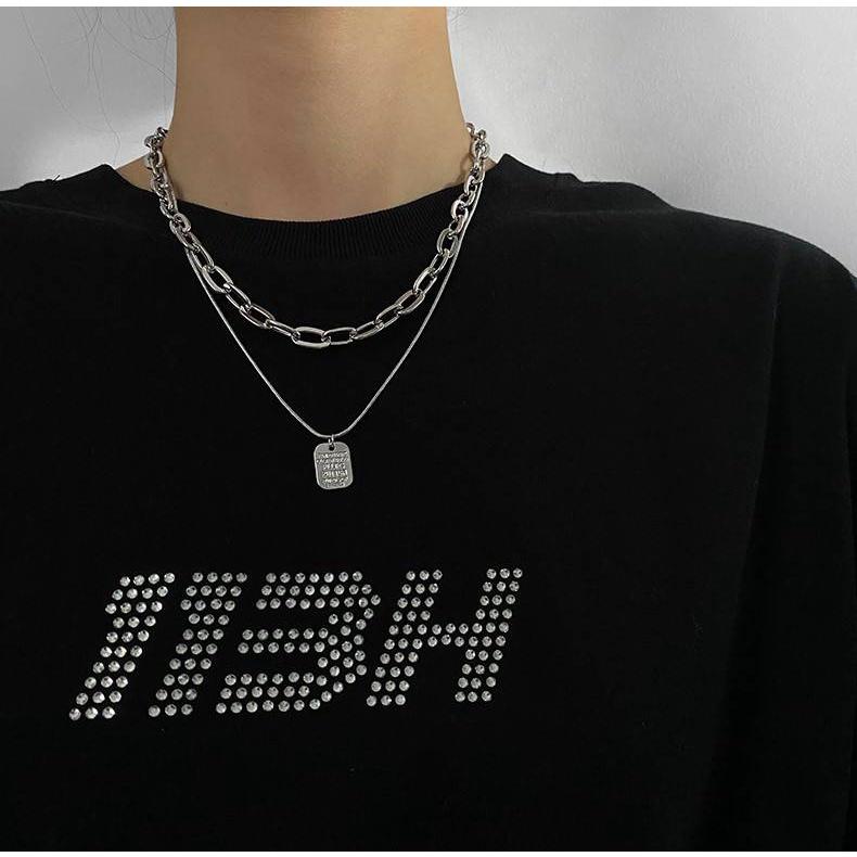 PARADISE 字母方牌 雙層疊戴 粗鏈條 項鍊 ACC-細節圖4