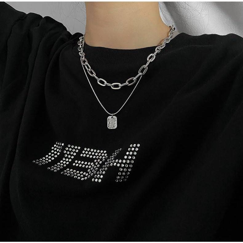 PARADISE 字母方牌 雙層疊戴 粗鏈條 項鍊 ACC-細節圖5