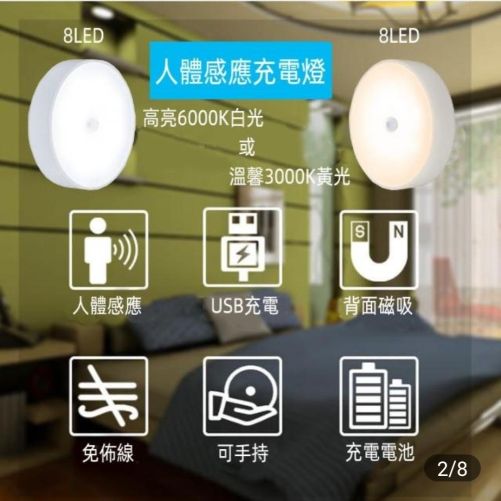 黃光 8LED 充電磁吸人體感應燈 小夜燈 工作燈-細節圖6