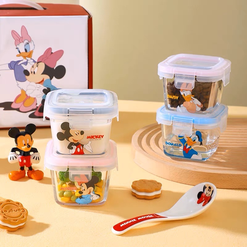 迪士尼帶蓋玻璃盒 保鮮碗 耐高溫 家用 寶寶碗 嬰兒專用輔食飯盒 小容量 蒸蛋碗 便當盒 可微波 密封 碗帶蓋-細節圖2
