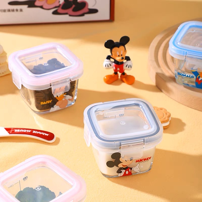 迪士尼帶蓋玻璃盒 保鮮碗 耐高溫 家用 寶寶碗 嬰兒專用輔食飯盒 小容量 蒸蛋碗 便當盒 可微波 密封 碗帶蓋-細節圖6