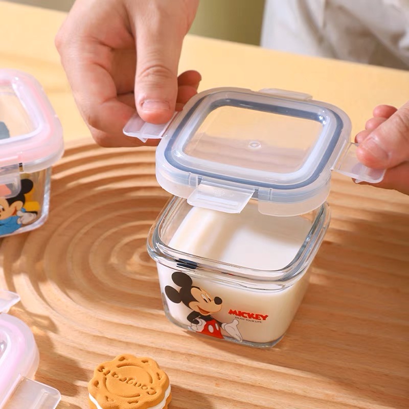 迪士尼帶蓋玻璃盒 保鮮碗 耐高溫 家用 寶寶碗 嬰兒專用輔食飯盒 小容量 蒸蛋碗 便當盒 可微波 密封 碗帶蓋-細節圖7