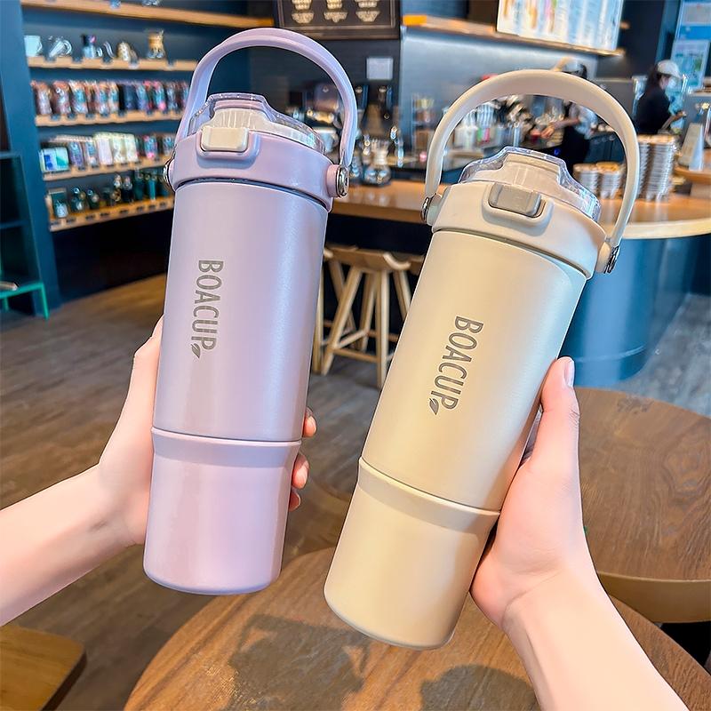 【BOACUP】彈跳吸管 雙飲杯 900ml  手提冰壩杯 雙層不鏽鋼 直飲冰霸杯 316不鏽鋼保溫杯 咖啡杯 保溫杯-細節圖3