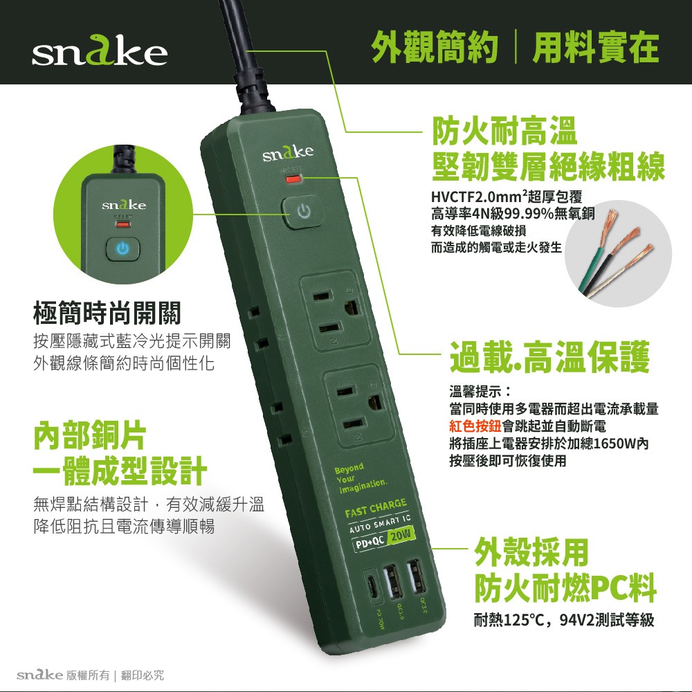 SNAKE 1開6插PD快充安全插座 防雷擊 軍綠 安全延長線 PD充電器 插頭 插座 PD延長線 (P3224U)-細節圖5