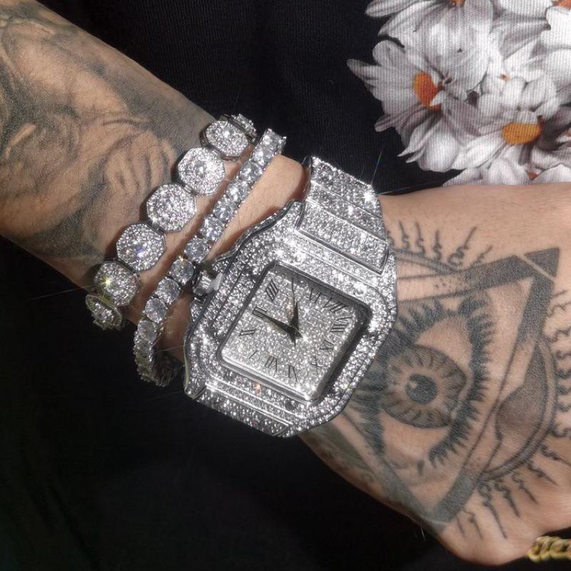 【 𝐂𝐑𝐄𝐀𝐌.𝐋𝐀𝐁 】附錶盒 實拍 滿鑽石英錶 馬思唯 卡地亞同款手錶 滿天星 iced out 嘻哈 rapper-細節圖4