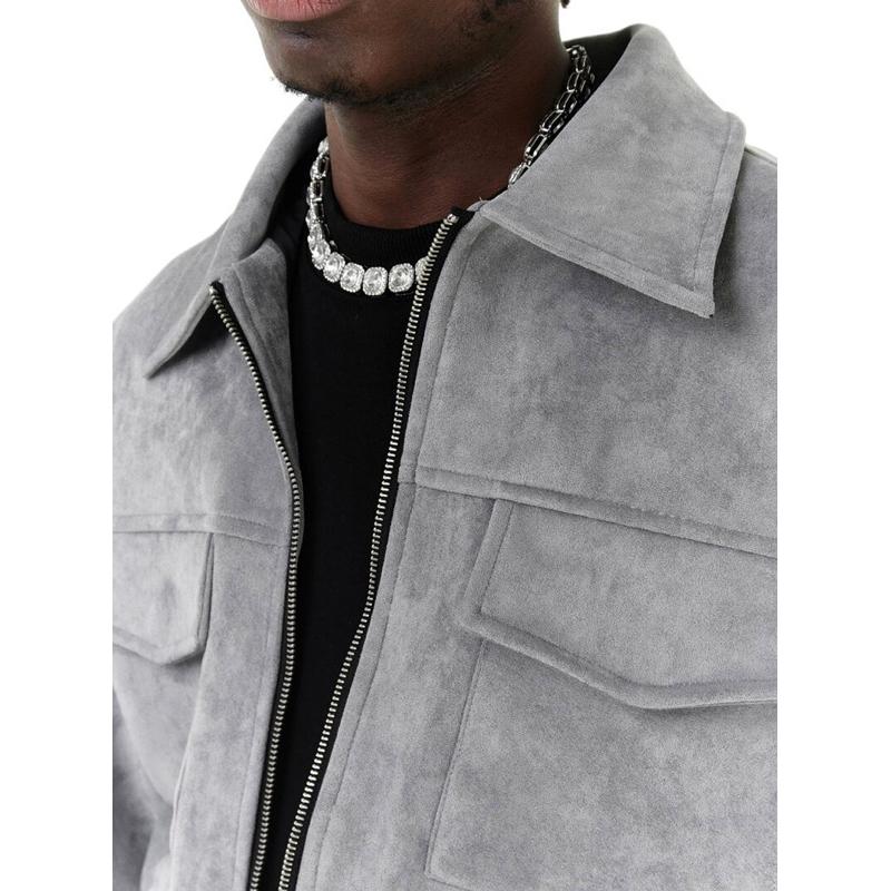 【 𝐂𝐑𝐄𝐀𝐌.𝐋𝐀𝐁 】多口袋外套 雙拉鍊 翻領  重磅麂皮 美式街頭 嘻哈-細節圖5