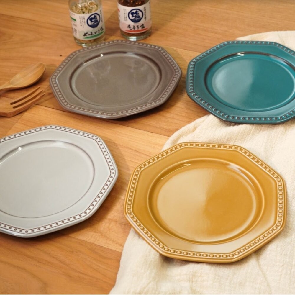 售完不再補!! 日本製 法式圓點陶瓷盤 ROOTS Colline 28cm 浮雕 圓點盤 復古盤 八角盤 盤子-細節圖3