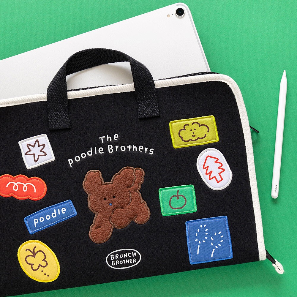 韓國文創Romane電腦包 筆電包 平板保護包 手提電腦包｜早午餐兄弟貴賓狗手提13吋筆電包 米色 黑色-細節圖4