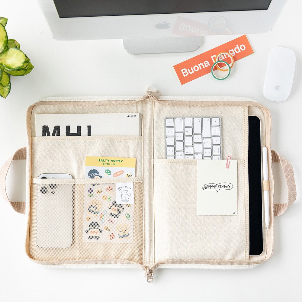 韓國文創Romane電腦包 筆電包 平板保護包 手提電腦包｜早午餐兄弟貴賓狗手提13吋筆電包 米色 黑色-細節圖6