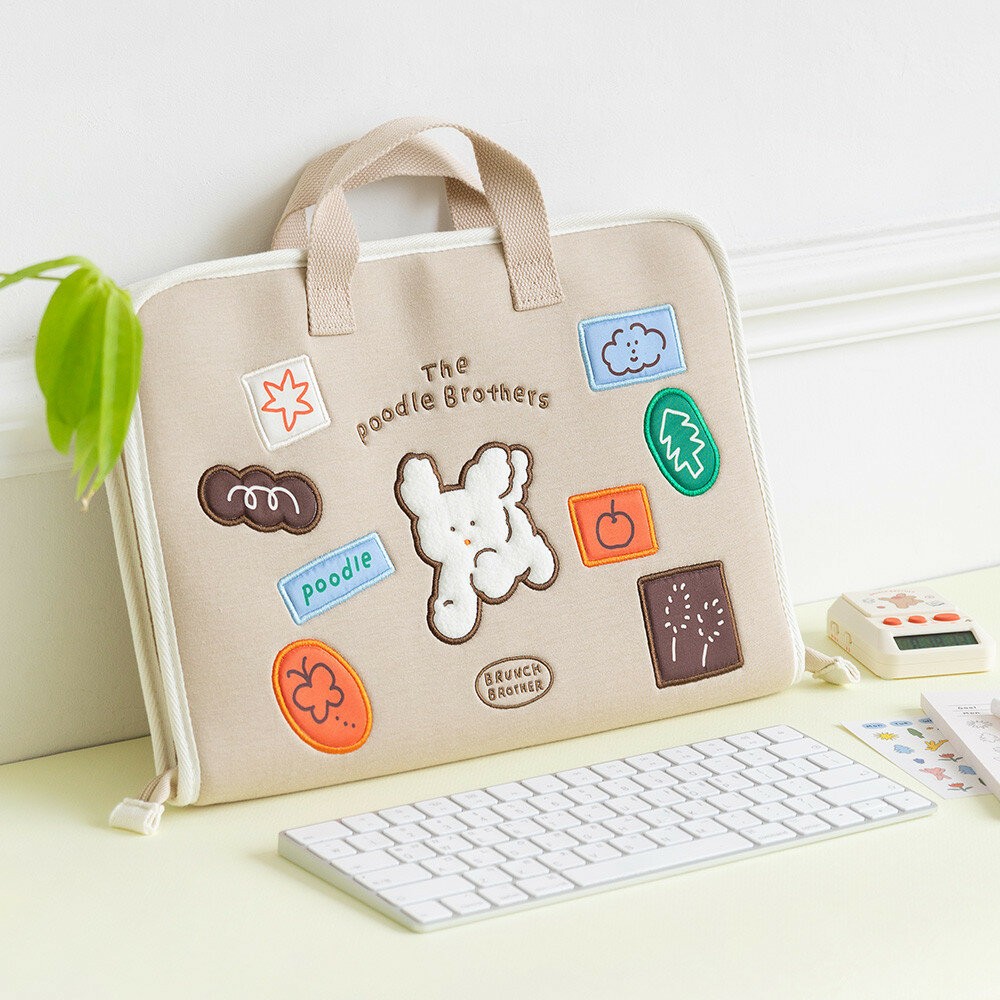 韓國文創Romane電腦包 筆電包 平板保護包 手提電腦包｜早午餐兄弟貴賓狗手提13吋筆電包 米色 黑色-規格圖7