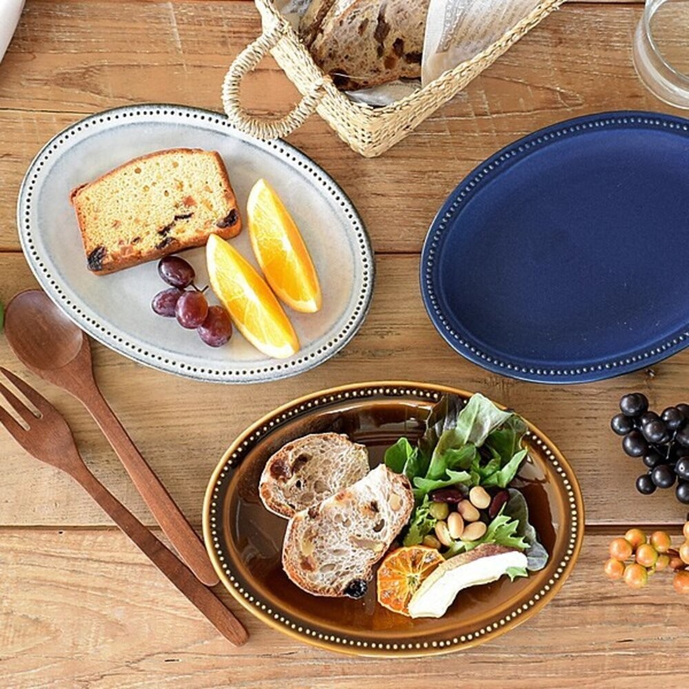 日本製 美濃燒 立體的珍珠點點 橢圓盤 21cm | 珍珠邊盤 甜點盤 輕食料理盤 拍照道具 復古可愛盤子-細節圖2