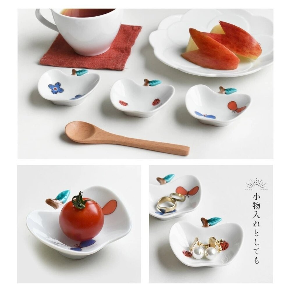 日本製 九谷燒蘋果造型彩繪小盤子 9cm | 可愛盤子 小碟子 醬料碟 醬油 甜點盤 花朵 瓢蟲 蝴蝶 小盤-細節圖8