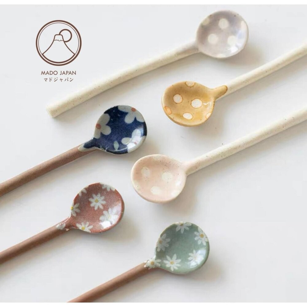 日本製 美濃燒陶瓷湯匙 圓點/花卉 湯匙 | 粗陶 咖啡匙 甜點匙 環保餐具 調味料勺子 湯勺 勺子-細節圖2
