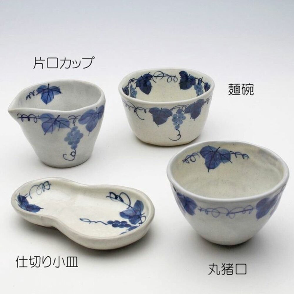 日本瀨戶燒 粉引葡萄茶杯 陶瓷麵碗 湯碗 片口杯 茶杯 茶碗 豬口杯 藍白葡萄紋 日式餐具 食器 日本進口-細節圖3