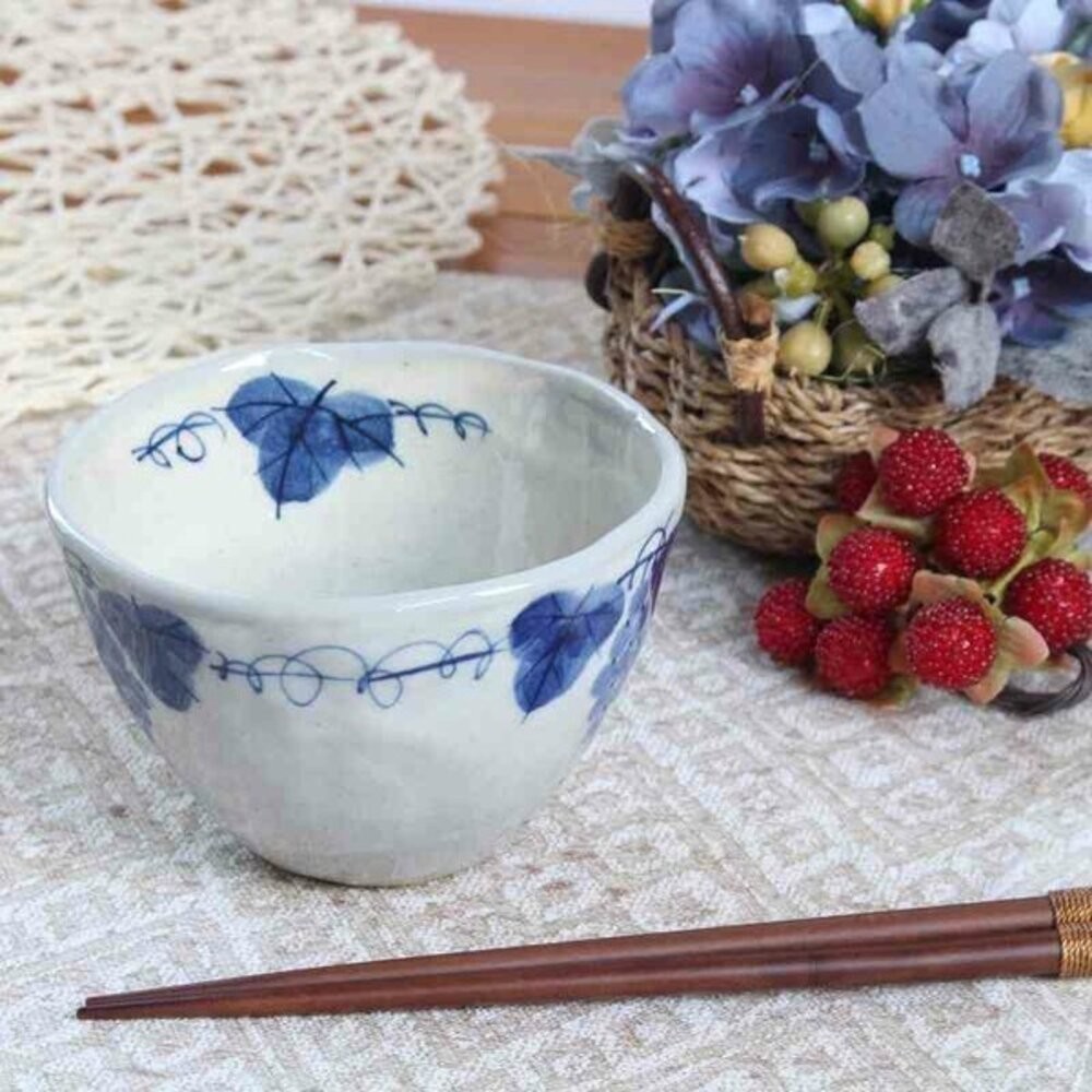 日本瀨戶燒 粉引葡萄茶杯 陶瓷麵碗 湯碗 片口杯 茶杯 茶碗 豬口杯 藍白葡萄紋 日式餐具 食器 日本進口-規格圖9