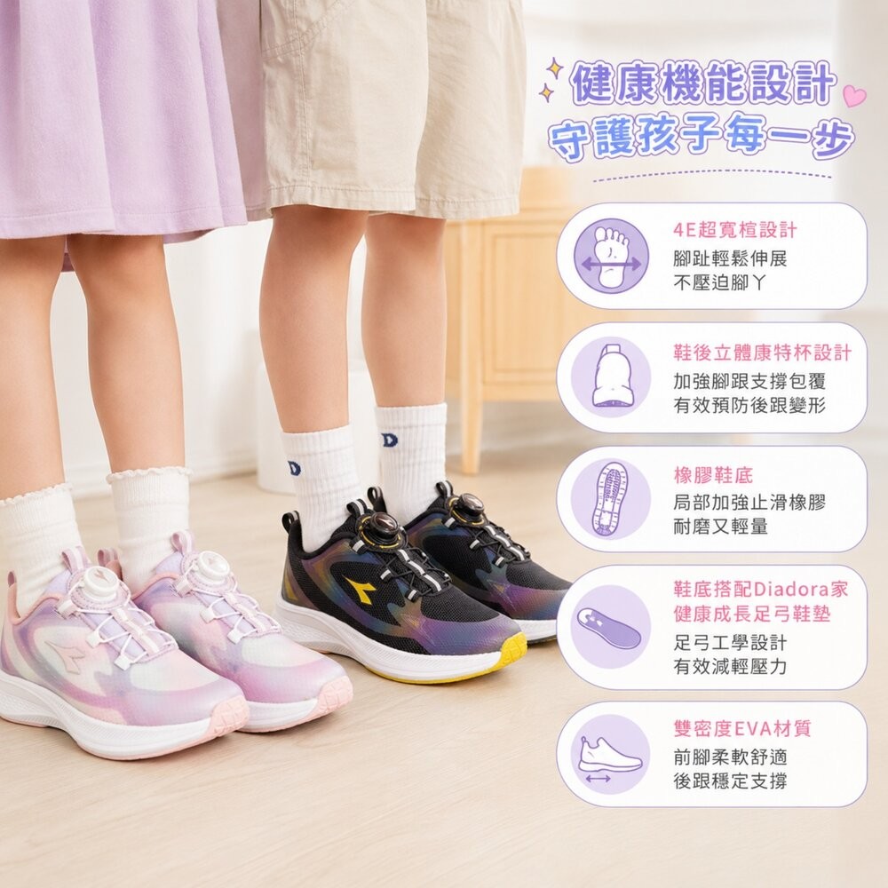 DIADORA 4E超寬楦慢跑鞋 足弓支撐鞋墊 防滑透氣 輕量兒童運動鞋-細節圖5