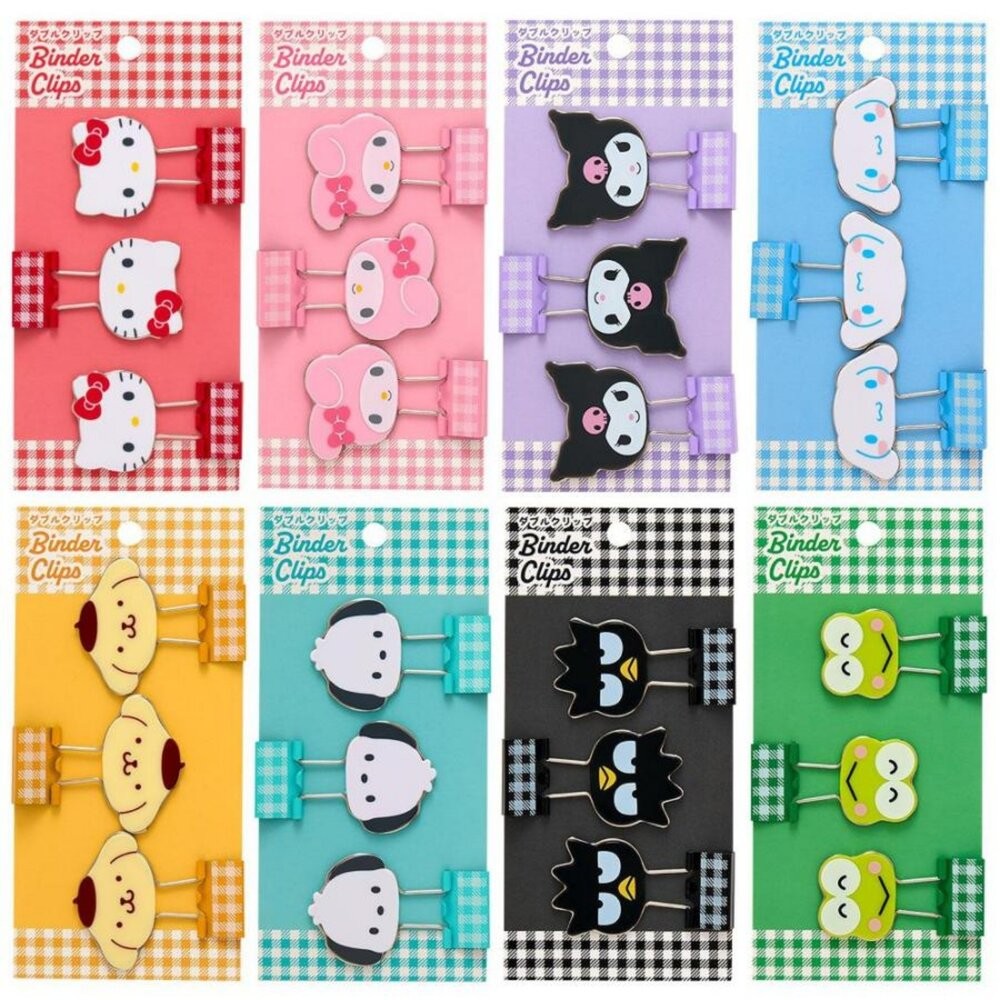 日本 Sanrio 三麗鷗精緻格紋造型長尾夾 3入組｜文件夾 資料夾 長尾夾 手帳夾 書夾 燕尾夾 日本文具 日本進口-細節圖2