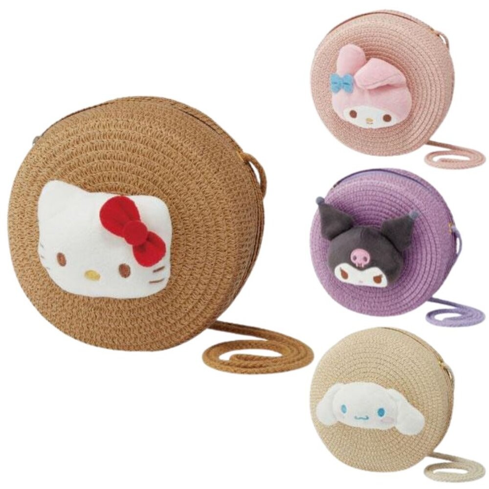 三麗鷗Sanrio 草編圓形小包｜可調肩帶 拉鍊開口 4款角色可選 日本 編織包 草編包 斜背小包 日本進口-細節圖2