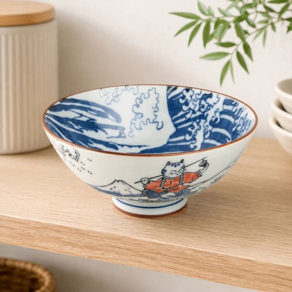 日本製 職人工藝 神奈川沖浪裏 波浪釣貓陶飯碗｜日系手作感飯碗 湯碗 浮世繪風陶器碗 日本進口-細節圖3